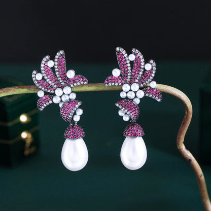 Fuchsia Red Cubic Zirconia Pave Flower & Leaf Long Dangle Drop Pearl Earrings – Glamorous Party & Wedding Jewelry for Women