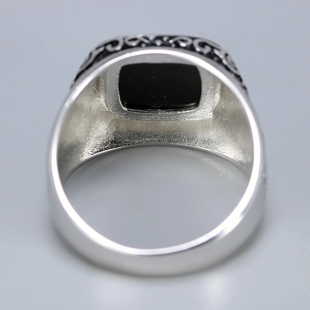 Vintage Punk 925 Sterling Silver Ottoman Tugra Men’s Ring – Square Black Stone, Engraved Retro Floral Design