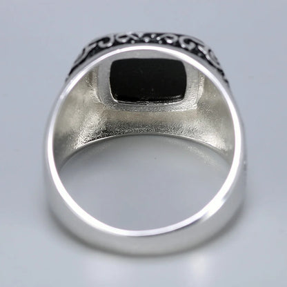 Vintage Punk 925 Sterling Silver Ottoman Tugra Men’s Ring – Square Black Stone, Engraved Retro Floral Design
