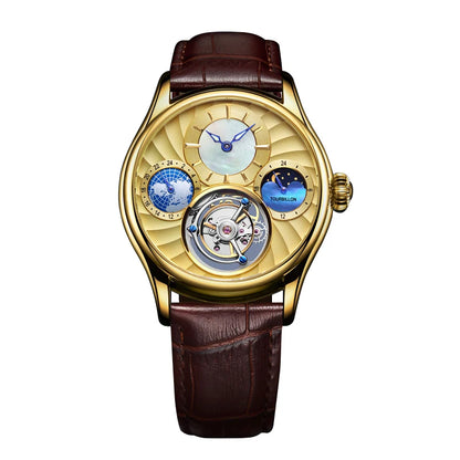 AESOP 7017 Luxury Men's Mechanical Watch – Skeleton Dial, Moon Phase Chronograph, Sapphire Crystal, Stainless Steel Tourbillon Wristwatch