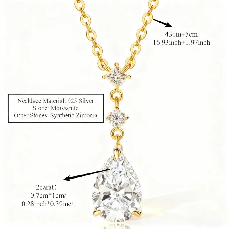 925 Sterling Silver 2.0ct Pear Cut Moissanite Pendant Necklace for Women – Luxury Engagement Jewelry