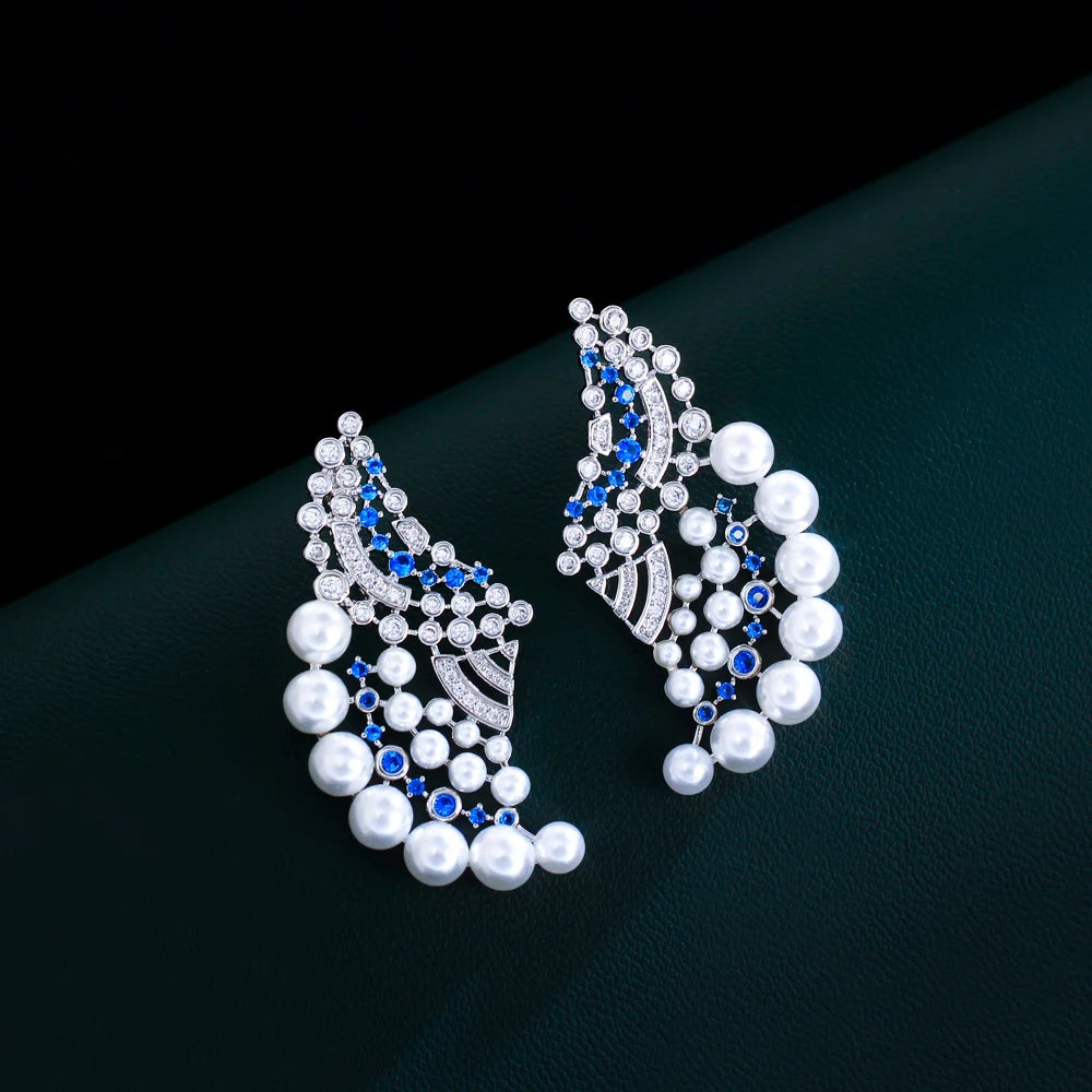 Elegant Blue Cubic Zircon Geometric Pearl Earrings for Women – Wedding & Party Jewelry