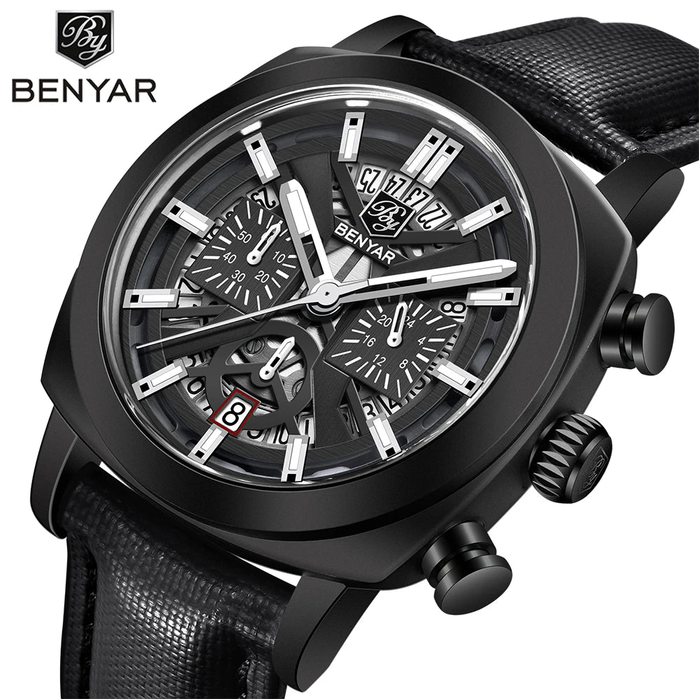 BENYAR 5205M Men's Luxury Quartz Chronograph Watch – 30M Waterproof, Luminous Dial, Leather Strap Fashion Wristwatch for Men