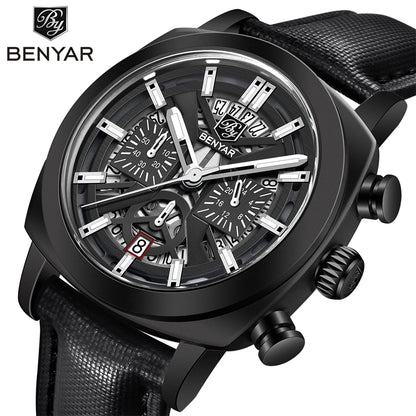 BENYAR 5205M Men's Luxury Quartz Chronograph Watch – 30M Waterproof, Luminous Dial, Leather Strap Fashion Wristwatch for Men