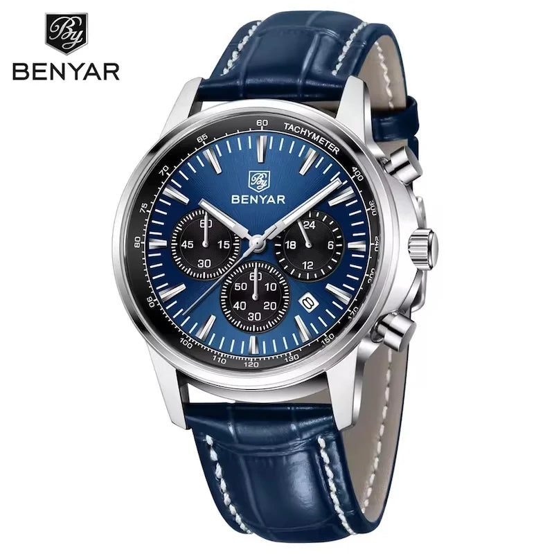 BENYAR 5213 Men's Luxury Quartz Chronograph Watch – Waterproof Leather Strap, Luminous Dial, Designer Sport Wristwatch for Men