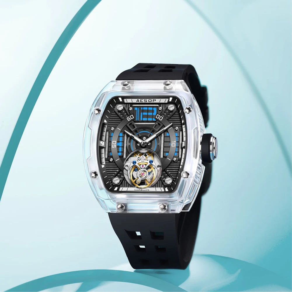 AESOP 7043 Men’s Tourbillon Tonneau Watch – Transparent Automatic Mechanical, Luminous, Waterproof