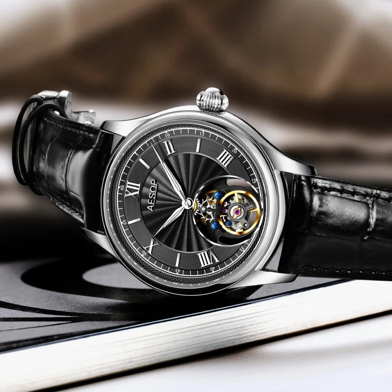AESOP 7041 Luxury Skeleton Tourbillon Men’s Watch – Roman Numerals, Stainless Steel, Sapphire Crystal Automatic