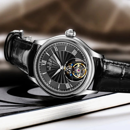 AESOP 7041 Luxury Skeleton Tourbillon Men’s Watch – Roman Numerals, Stainless Steel, Sapphire Crystal Automatic
