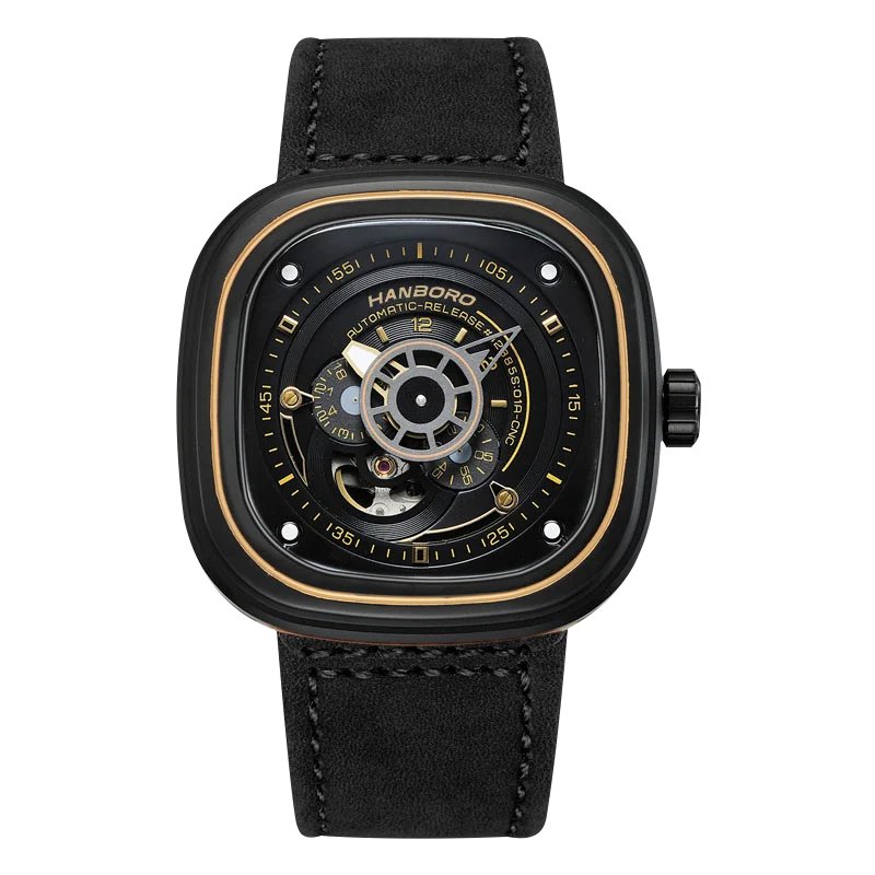 MIYOTA Automatic HANBORO Men’s Luxury Square Watch – Stainless Steel Case, Leather Strap, Luminous Dial, Folding Clasp Mechanical Wristwatch Yusuf
