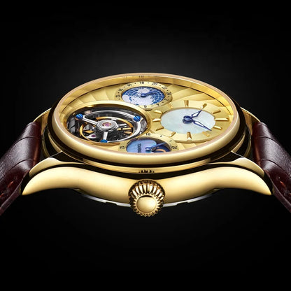 AESOP 7017 Luxury Men's Mechanical Watch – Skeleton Dial, Moon Phase Chronograph, Sapphire Crystal, Stainless Steel Tourbillon Wristwatch