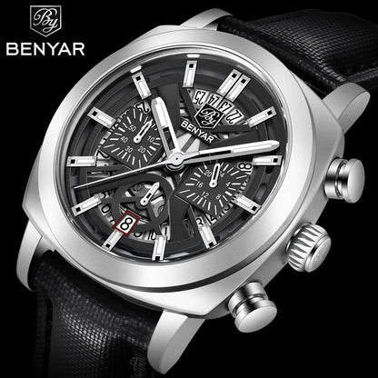BENYAR 5205M Men's Luxury Quartz Chronograph Watch – 30M Waterproof, Luminous Dial, Leather Strap Fashion Wristwatch for Men