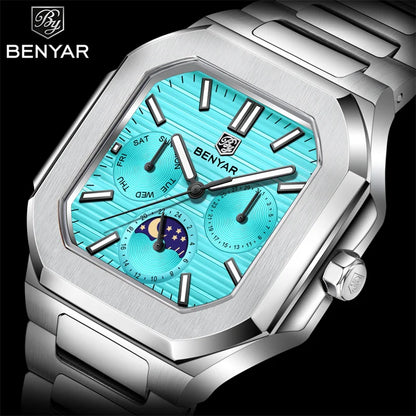 BENYAR 5221 Men’s Square Quartz Watch 37mm – Stainless Steel Waterproof Business Wristwatch, Fashion Gift for Men