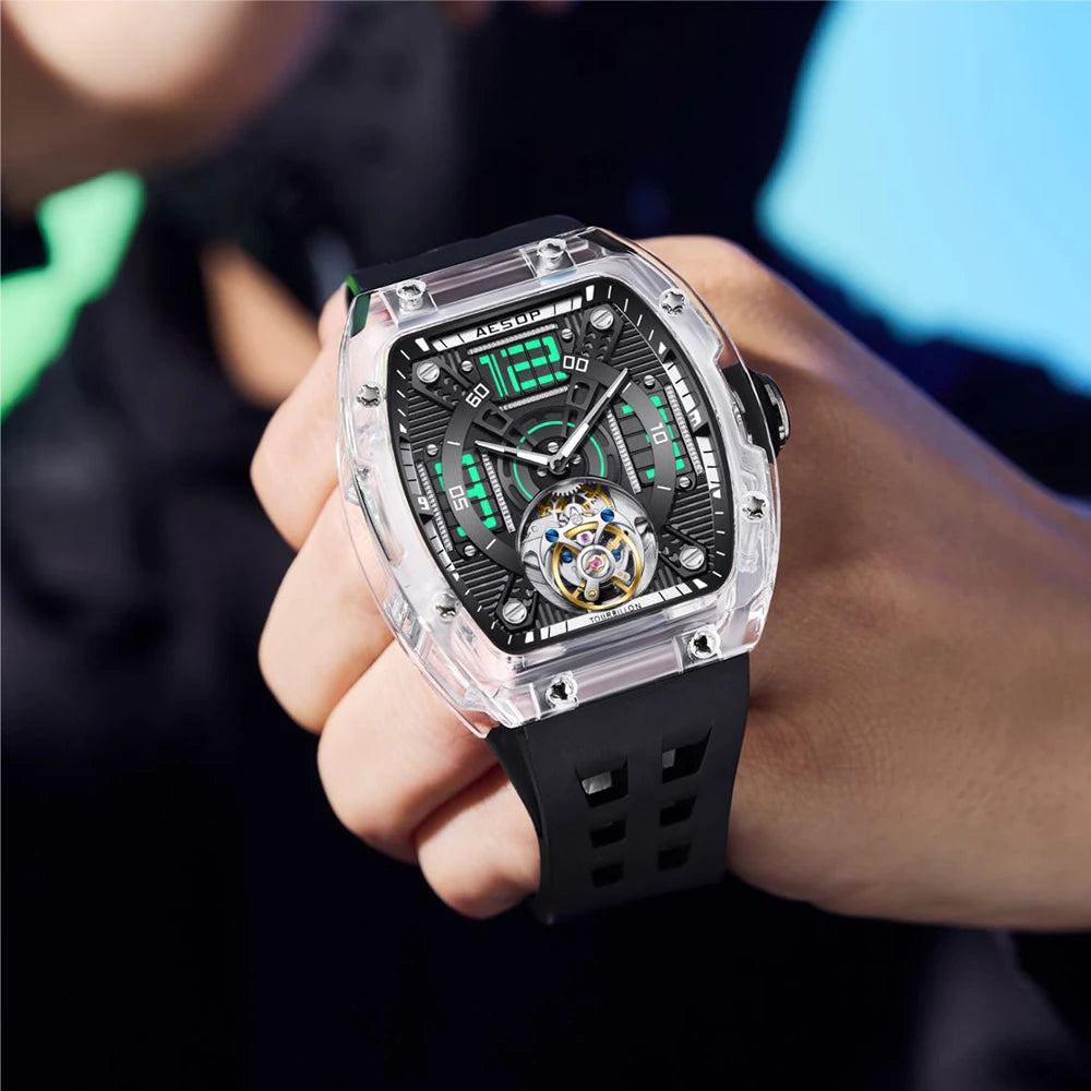 AESOP 7043 Men’s Tourbillon Tonneau Watch – Transparent Automatic Mechanical, Luminous, Waterproof