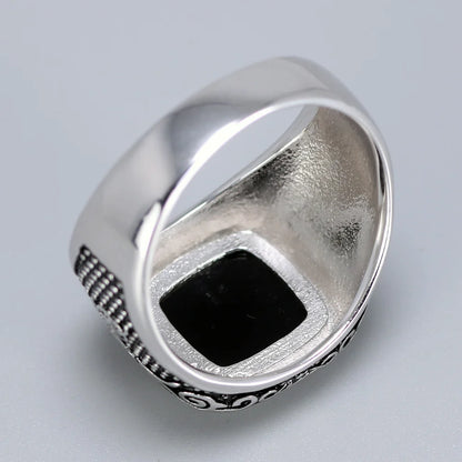 Vintage Punk 925 Sterling Silver Ottoman Tugra Men’s Ring – Square Black Stone, Engraved Retro Floral Design