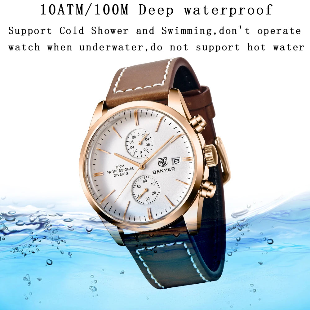 BENYAR 5187 Men’s Chronograph Watch – Waterproof Quartz Sports Wristwatch with Genuine Leather Strap & Date