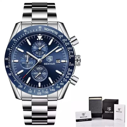 BENYAR 5140 Men's Luxury Quartz Watch – Stainless Steel Business Casual Sports Wristwatch, Waterproof Designer Watch for Men