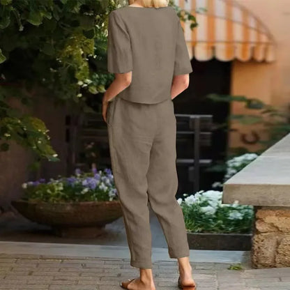 Women’s Cotton Linen Two Piece Set – Summer Short Sleeve O-Neck Oversized Blouse & High Waist Wide Leg Pants Carmen