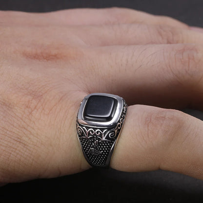 Vintage Punk 925 Sterling Silver Ottoman Tugra Men’s Ring – Square Black Stone, Engraved Retro Floral Design