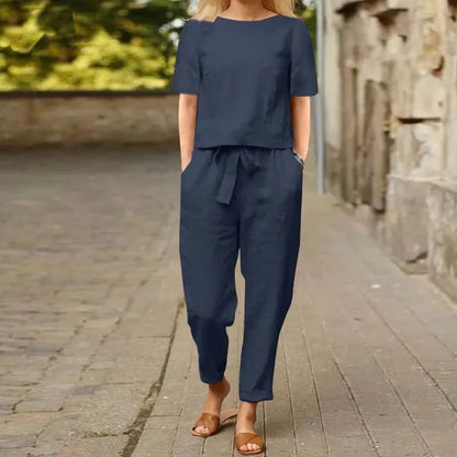 Women’s Cotton Linen Two Piece Set – Summer Short Sleeve O-Neck Oversized Blouse & High Waist Wide Leg Pants Carmen