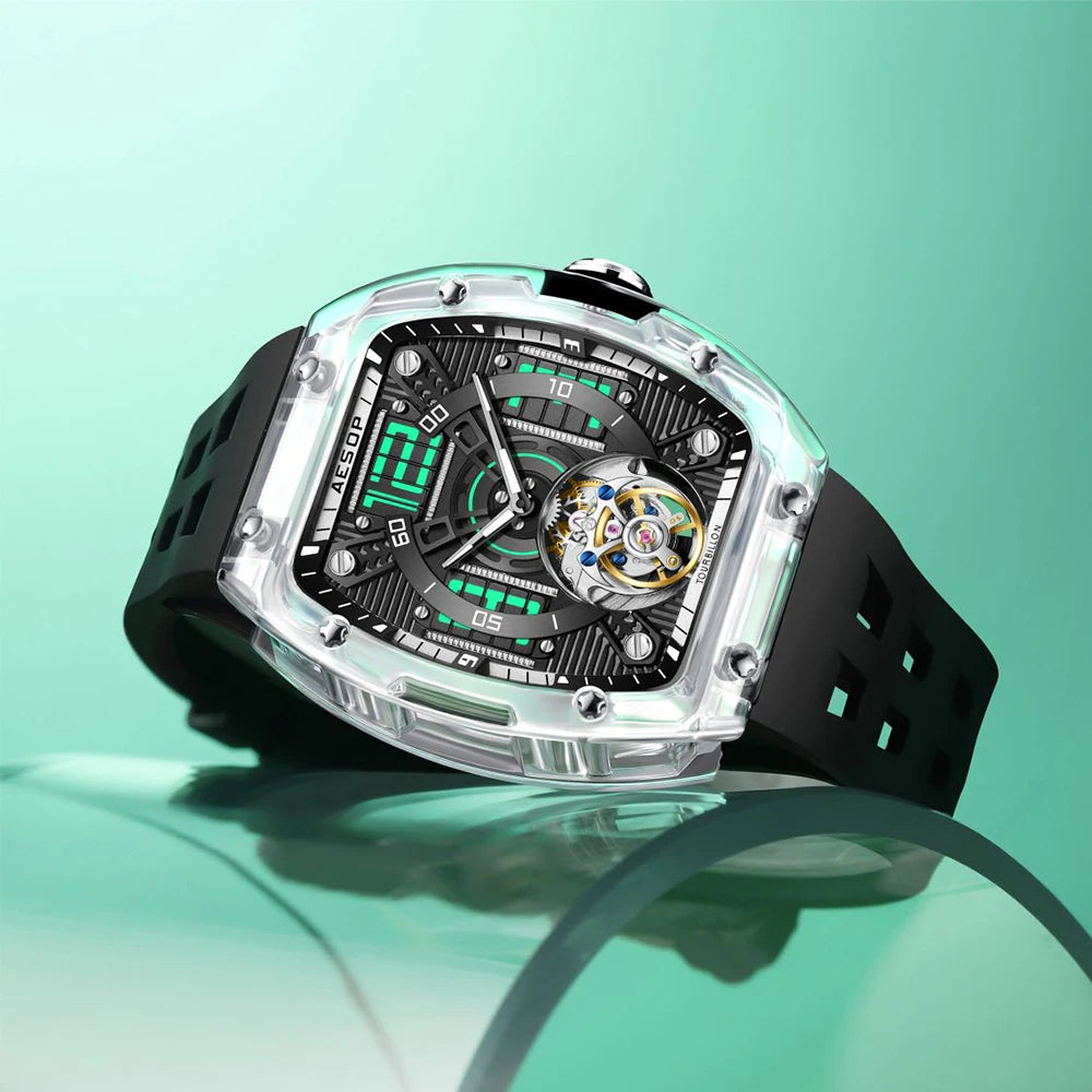 AESOP 7043 Men’s Tourbillon Tonneau Watch – Transparent Automatic Mechanical, Luminous, Waterproof