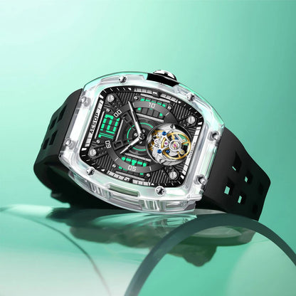 AESOP 7043 Men’s Tourbillon Tonneau Watch – Transparent Automatic Mechanical, Luminous, Waterproof