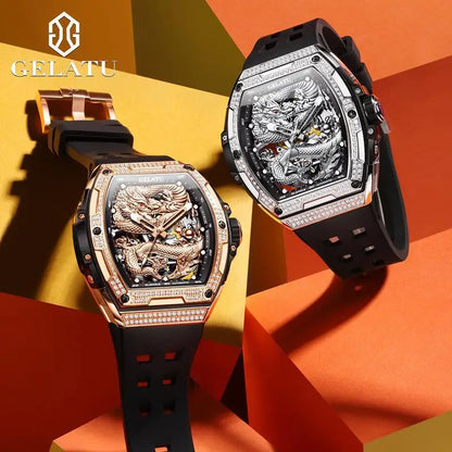 Gelatu 6021 Men’s Automatic Mechanical Watch – Hollow Dragon Skeleton Dial, Diamond-Accented Case, Waterproof Silicone Strap Eddard