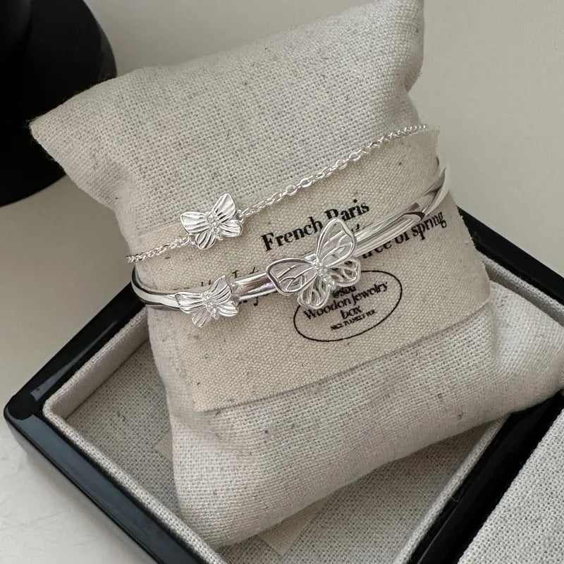 925 Sterling Silver Butterfly Bracelet – Double Layer Bangle for Women Ecrin