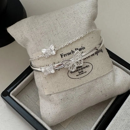 925 Sterling Silver Butterfly Bracelet – Double Layer Bangle for Women Ecrin