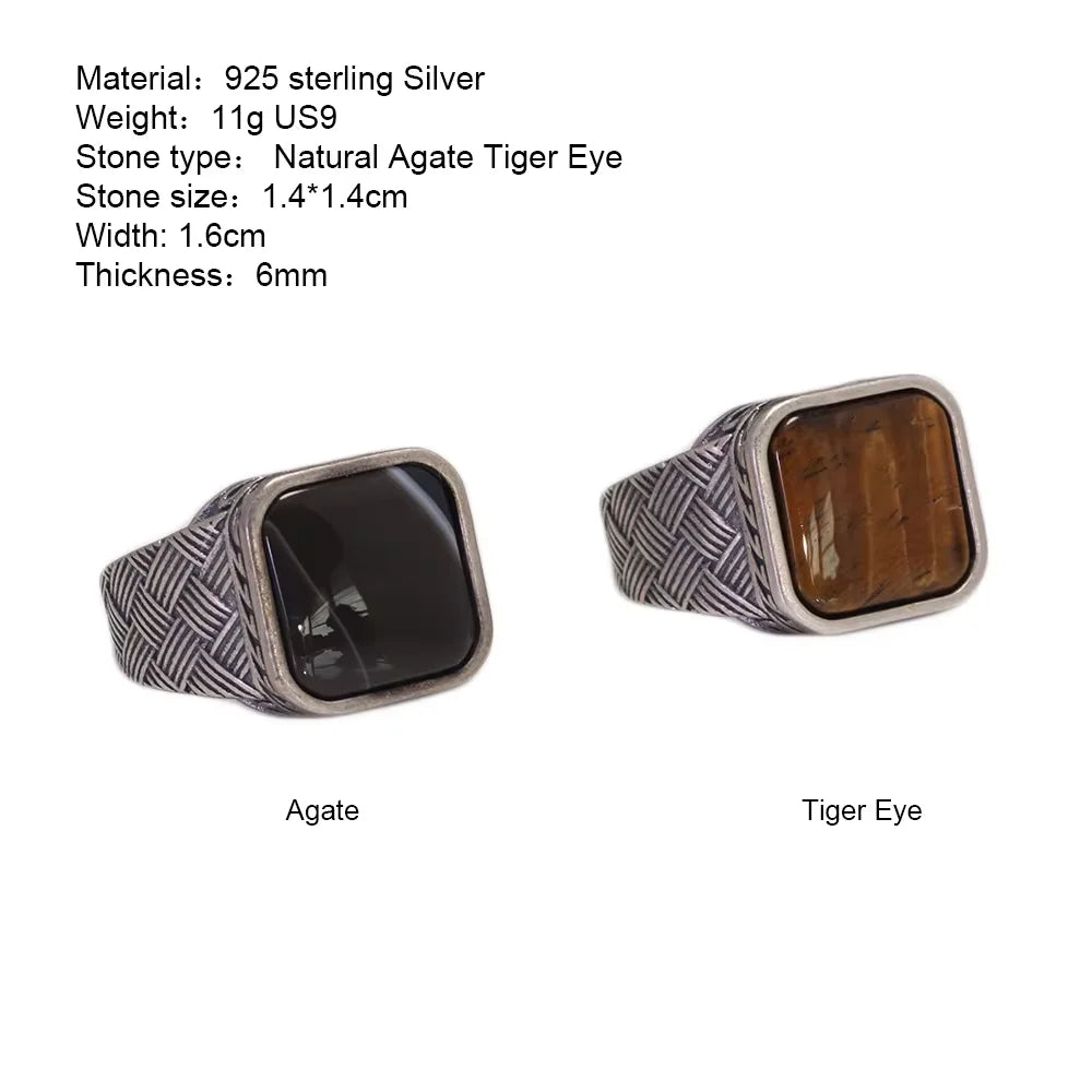 Men’s 925 Sterling Silver Ring with Natural Tiger Eye Agate – Antique Vintage Style