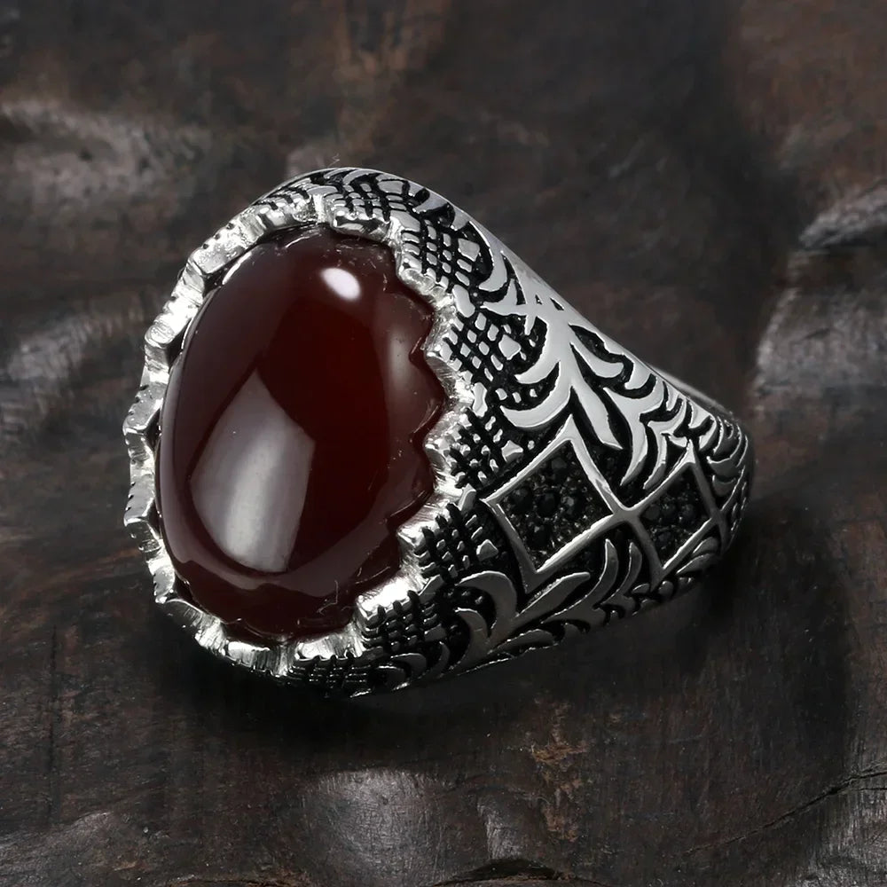 Men’s 925 Sterling Silver Black Ring – Vintage Turkish Floral Design with Stone Kerem