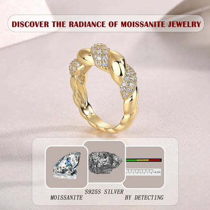 18K Gold Plated 925 Sterling Silver Twisted Galaxy Moissanite Ring with Pavé Stones for Women