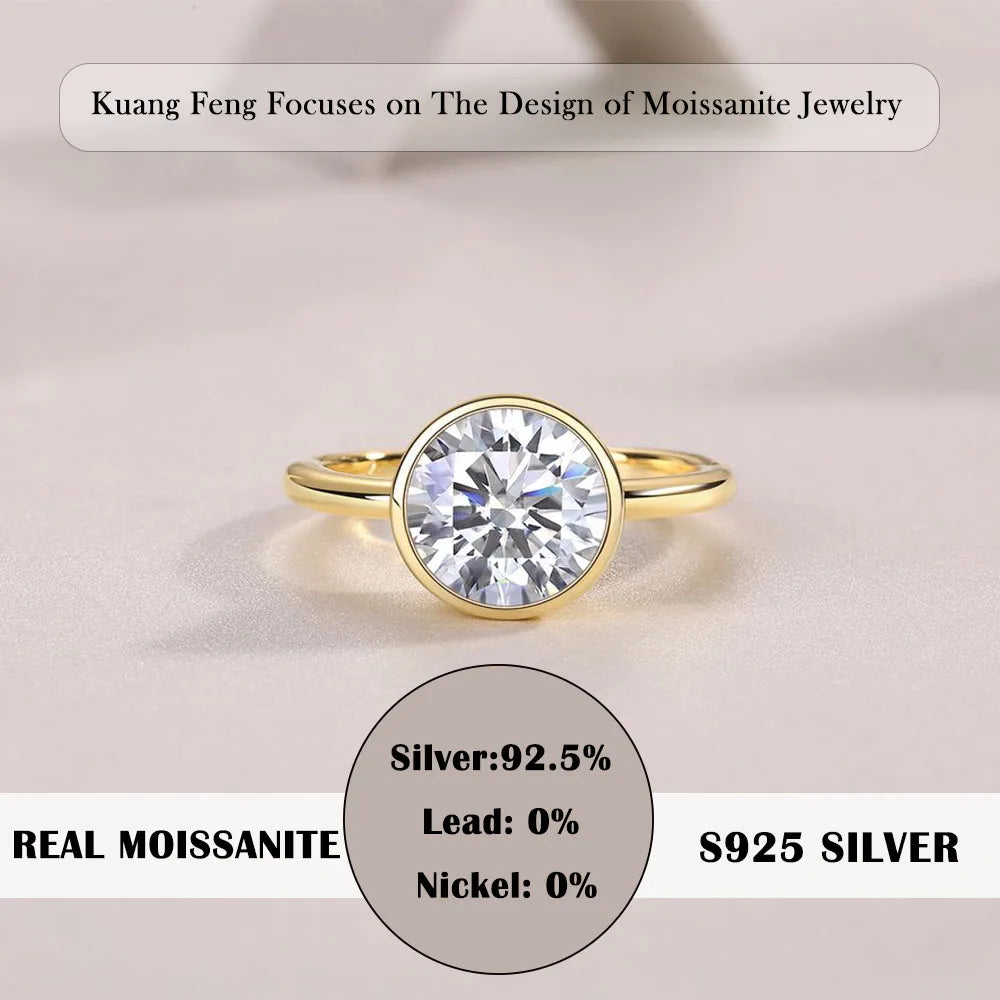 3CT Round Cut Moissanite Engagement Ring – Bezel Set 18K Gold Plated 925 Sterling Silver Gift for Her