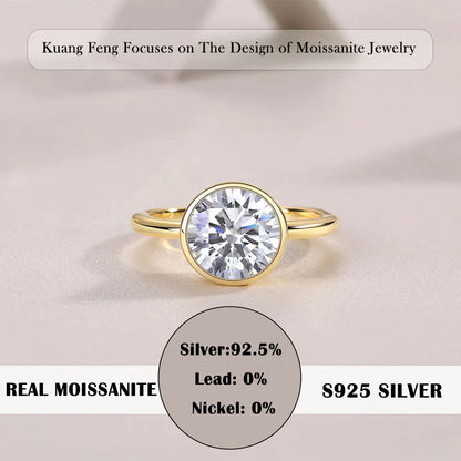 3CT Round Cut Moissanite Engagement Ring – Bezel Set 18K Gold Plated 925 Sterling Silver Gift for Her