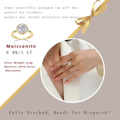 3CT Round Cut Moissanite Engagement Ring – Bezel Set 18K Gold Plated 925 Sterling Silver Gift for Her