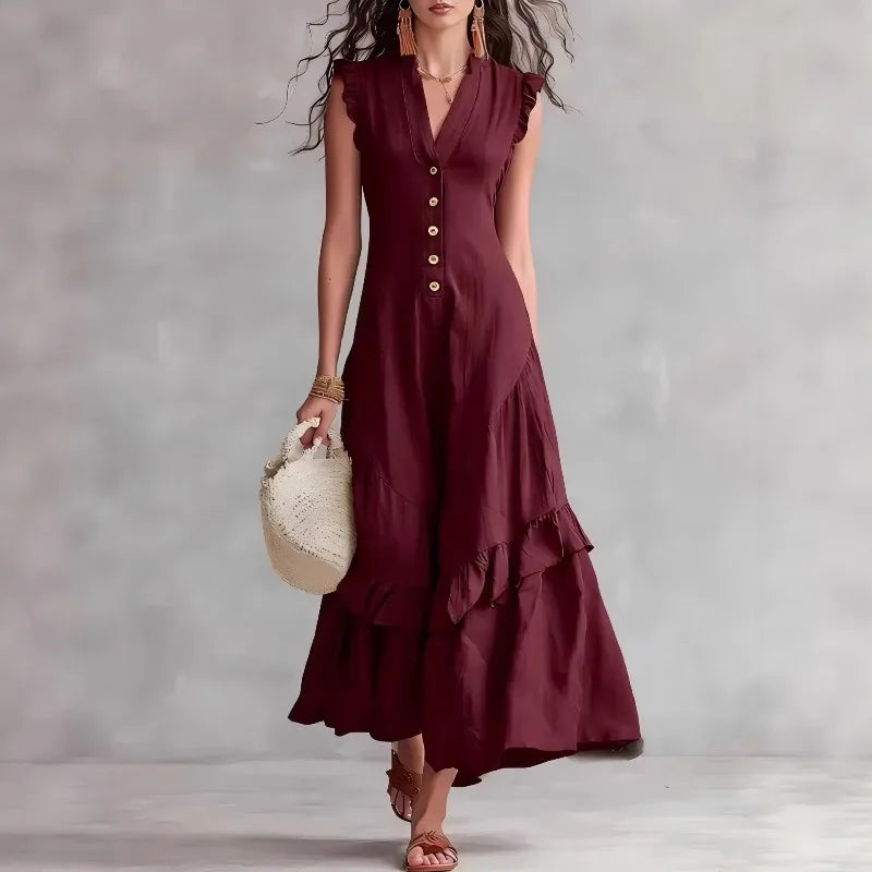 Women's Elegant Ruffle Long Dress | Casual Button-Down Maxi Dress Lindsay