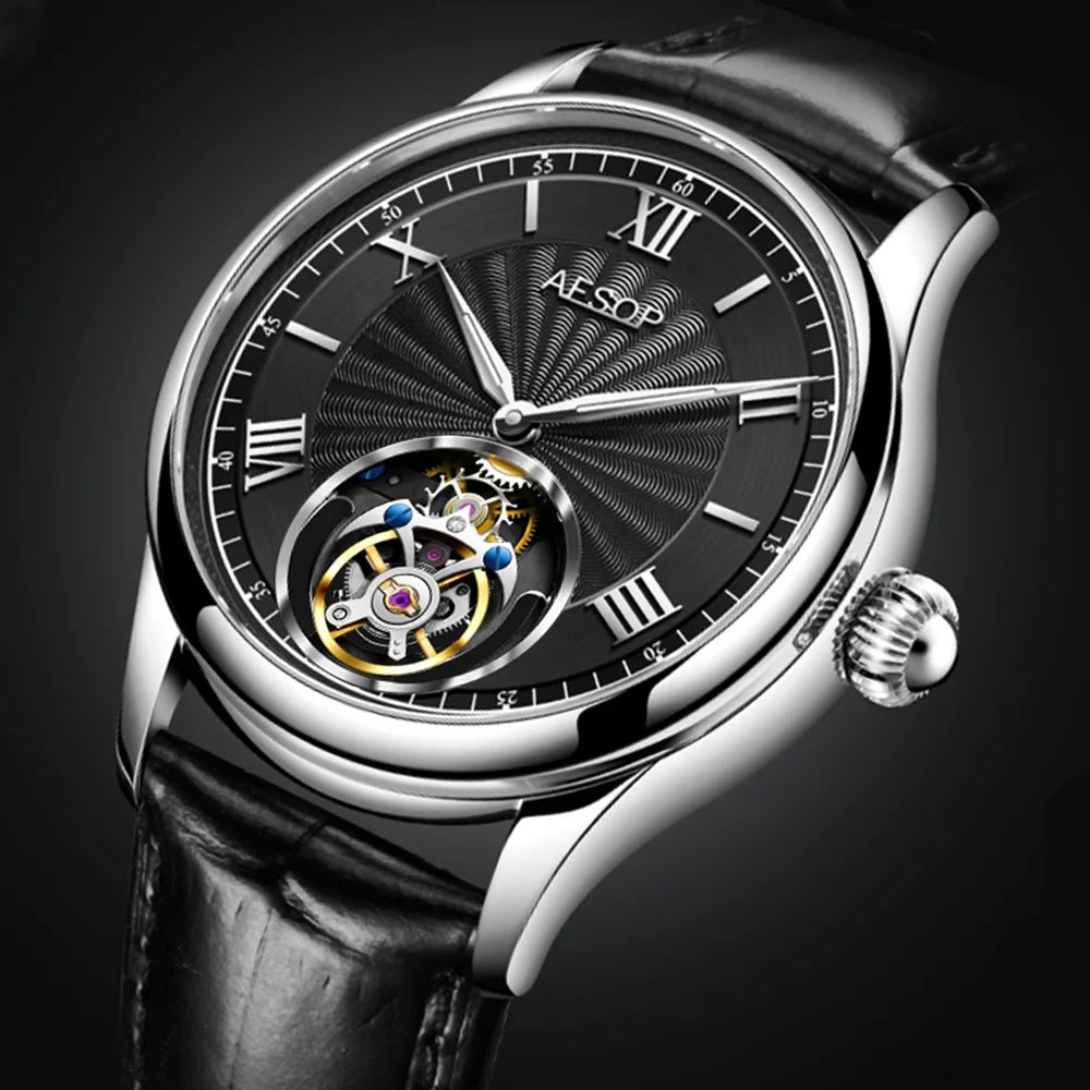 AESOP 7041 Luxury Skeleton Tourbillon Men’s Watch – Roman Numerals, Stainless Steel, Sapphire Crystal Automatic