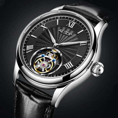 AESOP 7041 Luxury Skeleton Tourbillon Men’s Watch – Roman Numerals, Stainless Steel, Sapphire Crystal Automatic