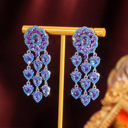 Rhodium Plated CZ Purple & Turquoise Heart Tassel Dangle Drop Earrings for Women