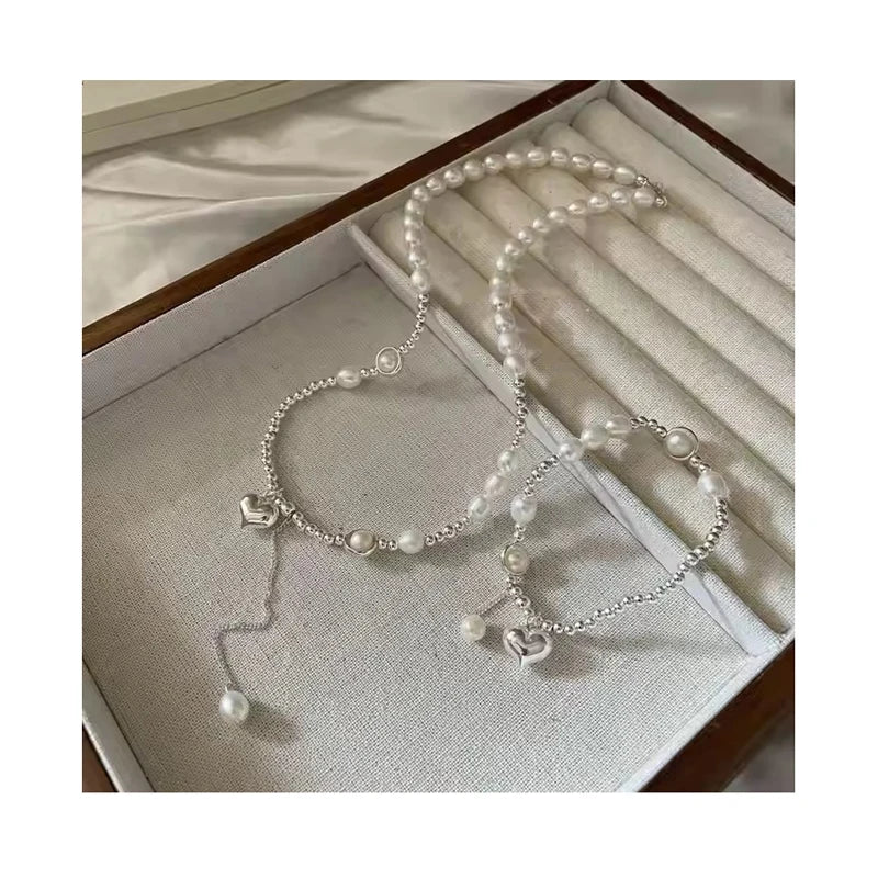 Handmade 925 Sterling Silver Bead Necklace with Natural Freshwater Pearl & Heart Charm Bracelet Ilayda