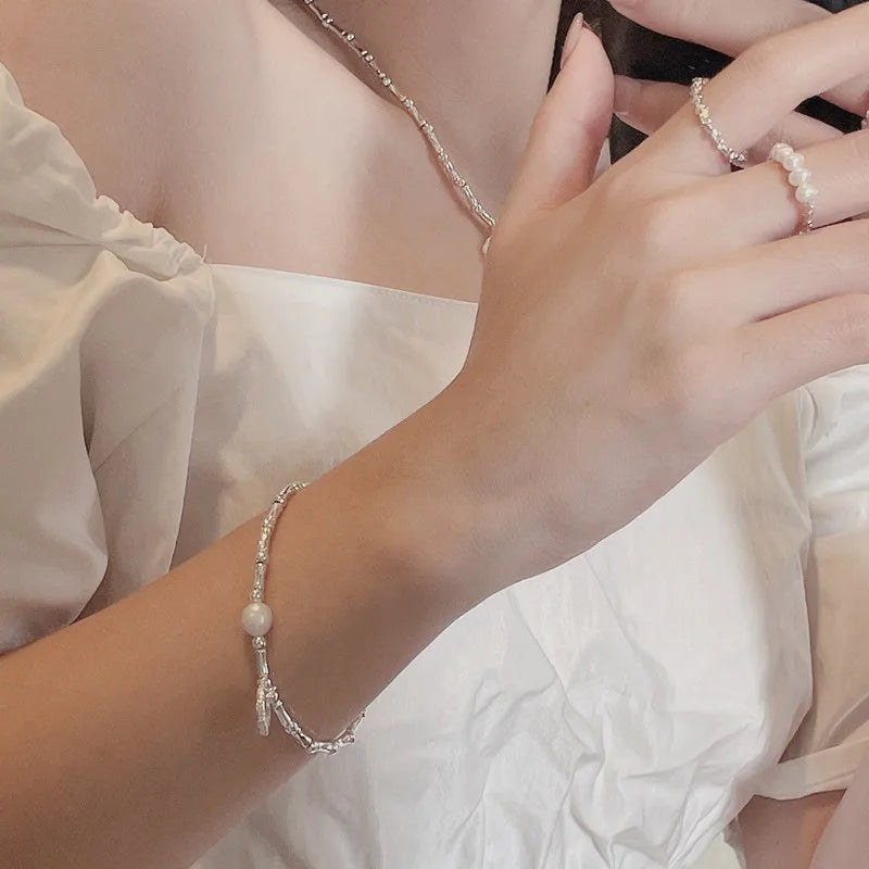 Handmade 925 Pure Silver Bead Necklace – Natural Freshwater Pearl, Bamboo Round Design with Heart Charm Bracelet Aylin
