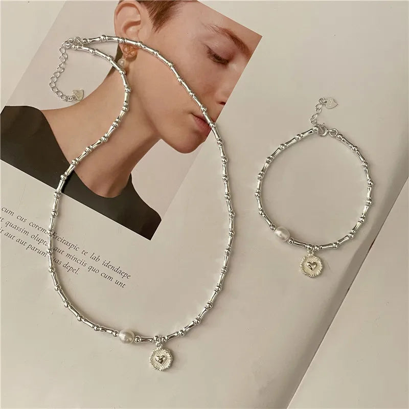 Handmade 925 Pure Silver Bead Necklace – Natural Freshwater Pearl, Bamboo Round Design with Heart Charm Bracelet Aylin