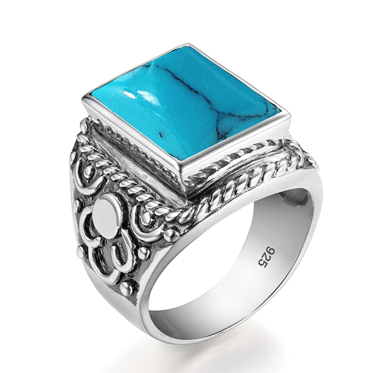 Vintage Filigree 925 Sterling Silver Men’s Ring – Turkish Black Agate Gemstone, Rhodium Plated Floral Design Andreas