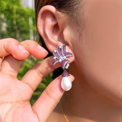 Fuchsia Red Cubic Zirconia Pave Flower & Leaf Long Dangle Drop Pearl Earrings – Glamorous Party & Wedding Jewelry for Women