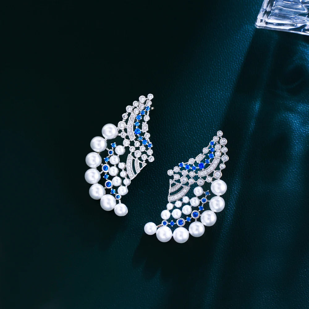 Elegant Blue Cubic Zircon Geometric Pearl Earrings for Women – Wedding & Party Jewelry