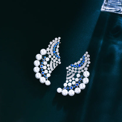 Elegant Blue Cubic Zircon Geometric Pearl Earrings for Women – Wedding & Party Jewelry
