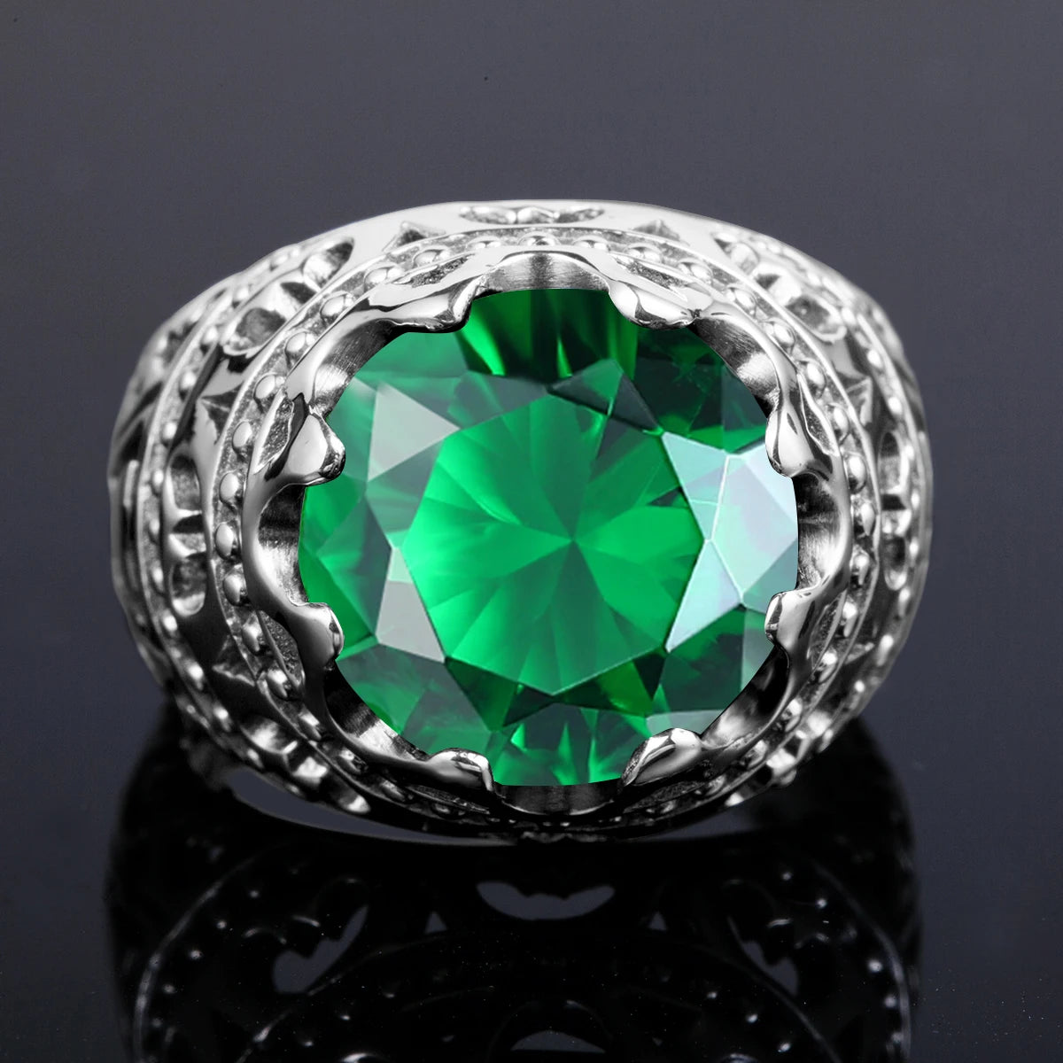 Men’s 925 Sterling Silver Emerald Ring – Vintage Gothic Punk Gemstone Fine Jewelry Gift