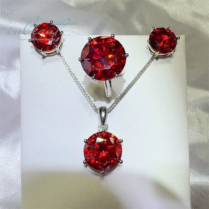925 Sterling Silver 20Ct Brilliant Cut Red Moissanite Jewelry Set – Ring, Earrings & Necklace for Women Margarette