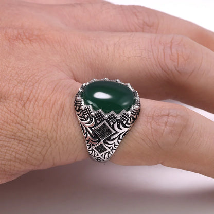 Men’s 925 Sterling Silver Black Ring – Vintage Turkish Floral Design with Stone Kerem