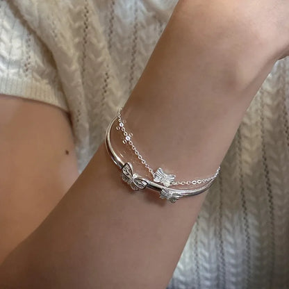925 Sterling Silver Butterfly Bracelet – Double Layer Bangle for Women Ecrin