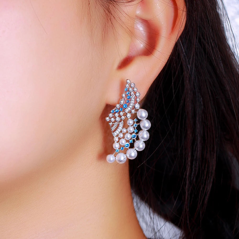 Elegant Blue Cubic Zircon Geometric Pearl Earrings for Women – Wedding & Party Jewelry